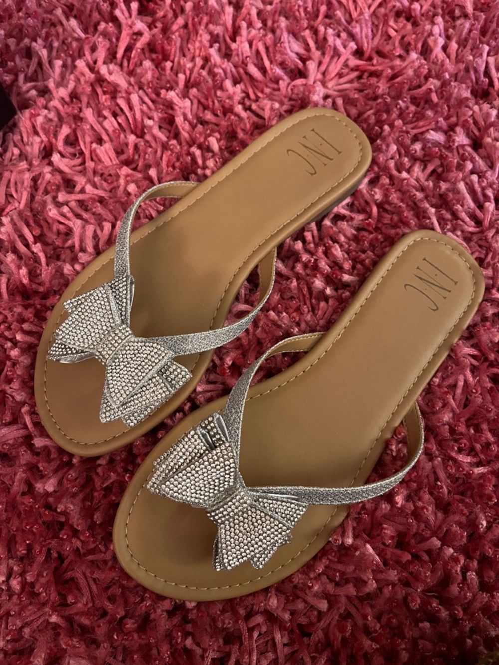 INC International Concepts Silver Bow Rhinestone Thong Sandals with Tan Footbed